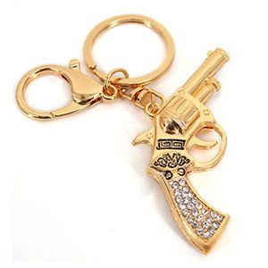 Gold Gun Key Chain and Purse Charm with Rhinestone Crystals 2A Stocking Stuffer